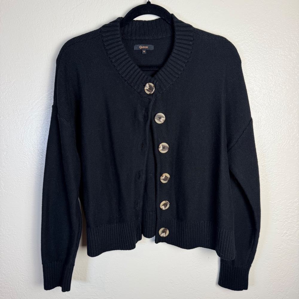 Quince Women's M Black 100% Organic Cotton Cropped Cardigan Sweater Preppy